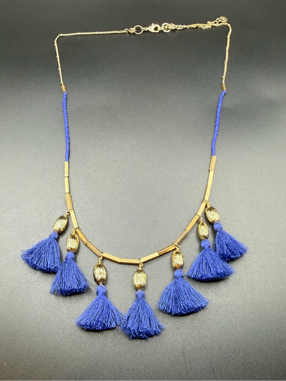 Stella & Dot Tulum Tassel Necklace-Gold Royal Blue Beads Adjustable Size 21-24